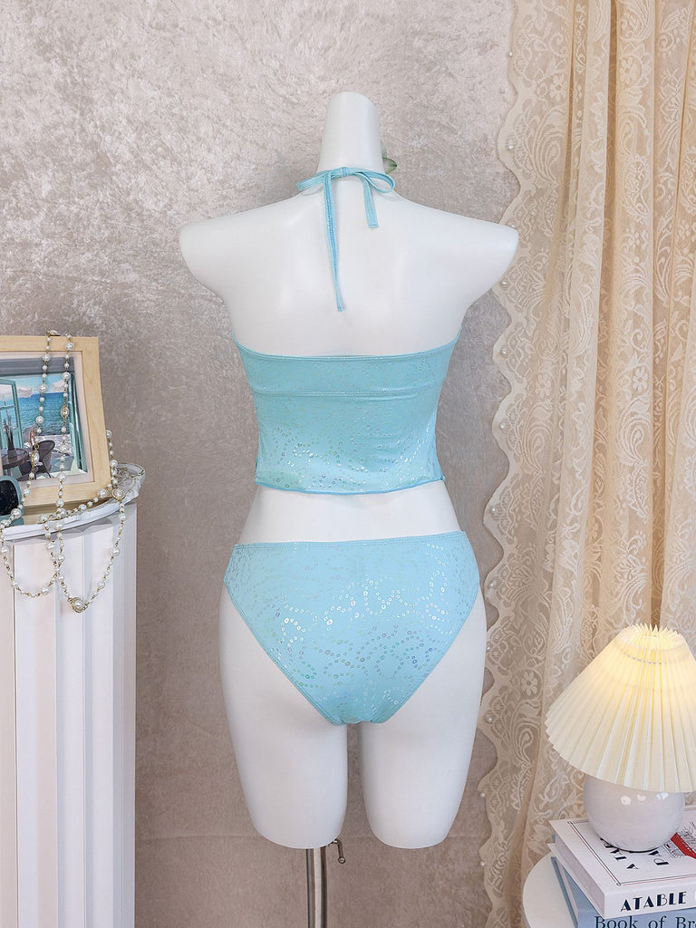 Sky Blue 1950s Halter Ruffle Bow Glitter Tankini Set - vintage fashion, retro style