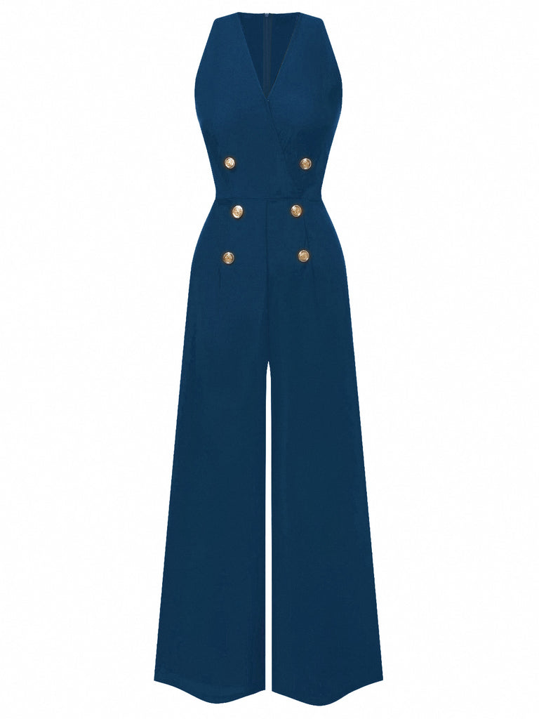 She finds her 1950s story in this 1950s Sleeveless Buttoned Solid Jumpsuit