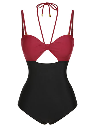 1950s Solid Cutout Halter Strap Swimsuit, vintage swimsuit, pin-up swimwear - perfect for women who love vintage and retro fashion