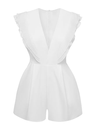 1950s Solid Deep V Neck Ruffles Sleeveless Romper, vintage romper, retro jumpsuit - perfect for women who love vintage and retro fashion