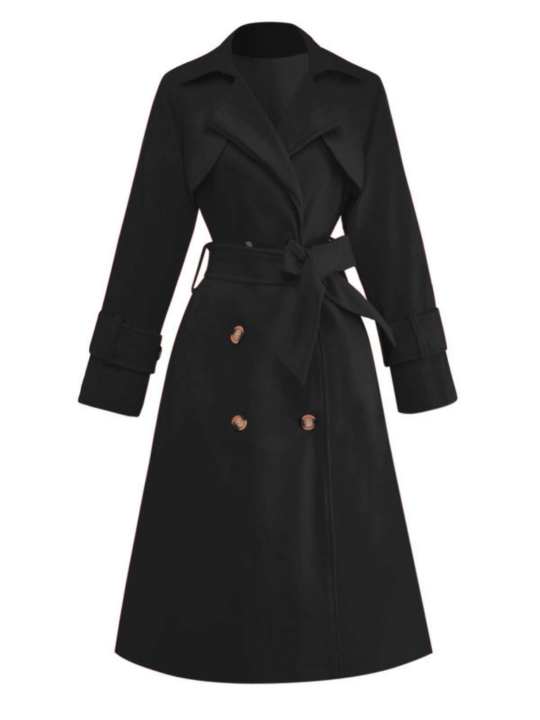 1950s Solid Double-Breasted Lapel Trench Coat - vintage fashion, retro style