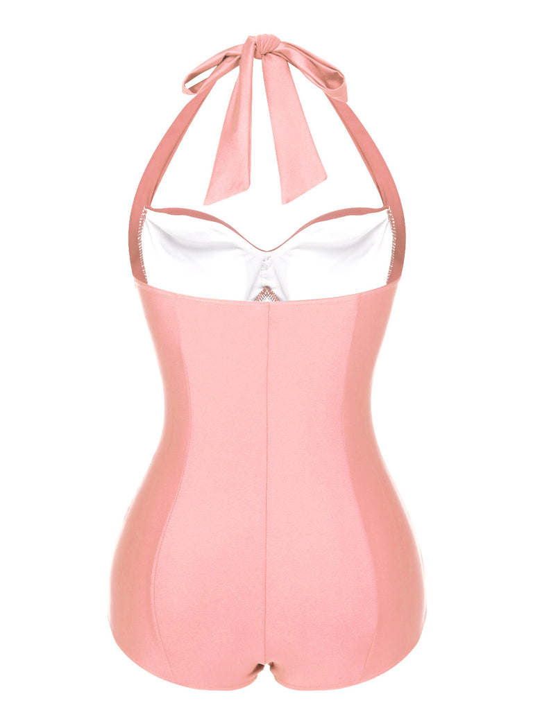 This 1950s Solid Gathered Halter Swimsuit carries 