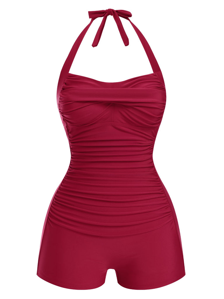 This 1950s Solid Halter Boxer One-Piece Swimsuit carries 1950s vacation dreams in every stitch