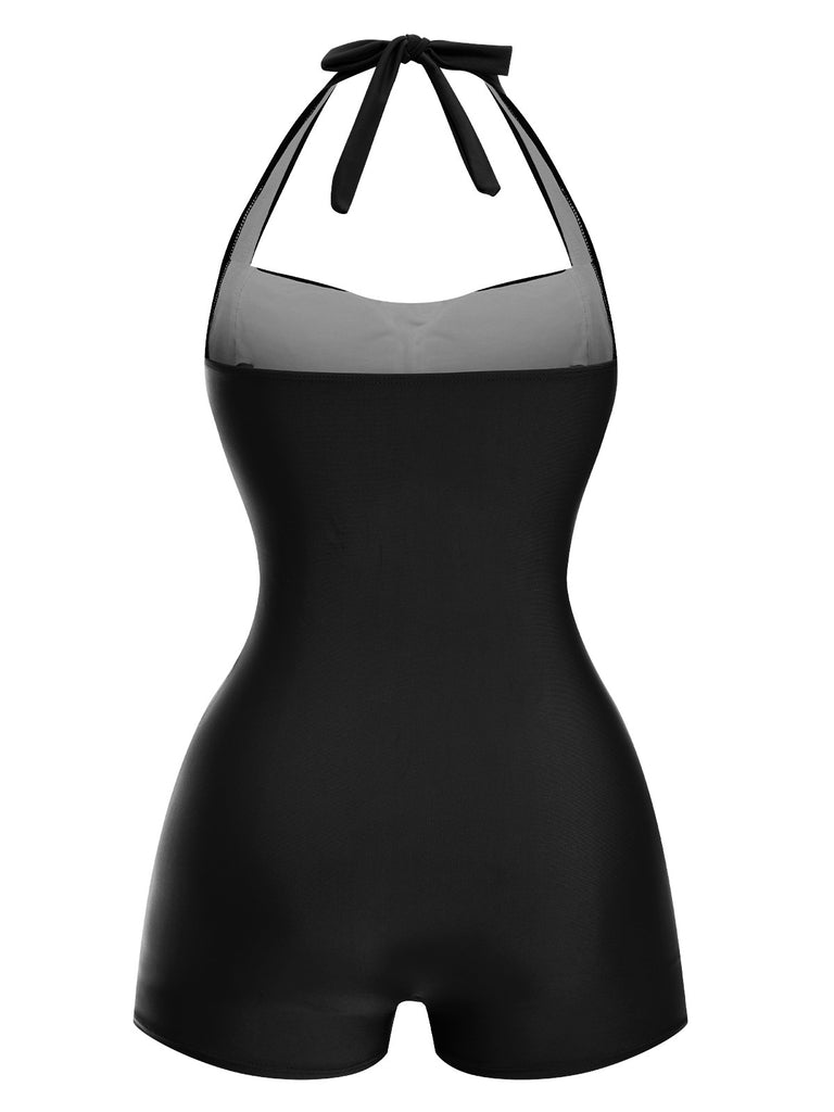Black 1950s Solid Halter Boxer One-Piece Swimsuit - vintage swimwear, retro beach style for women