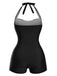 Black 1950s Solid Halter Boxer One-Piece Swimsuit - vintage swimwear, retro beach style for women