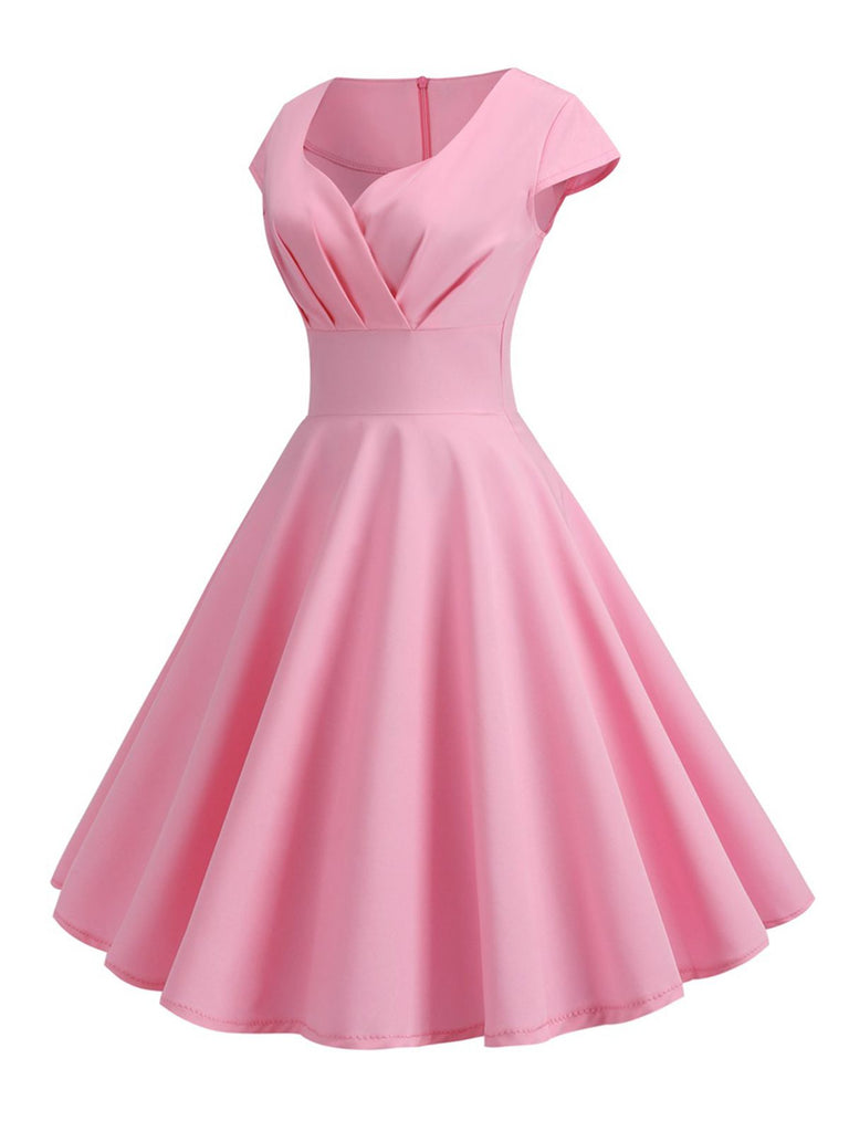 1950s Solid Heart Neck Short Sleeve Dress: where 1950s romance meets her modern spirit