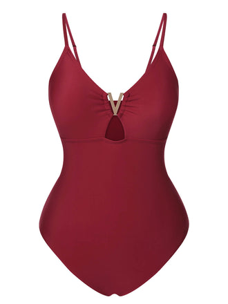 1950s Solid Hollow V-Neck One-Piece Swimsuit, vintage swimsuit, pin-up swimwear - perfect for women who love vintage and retro fashion