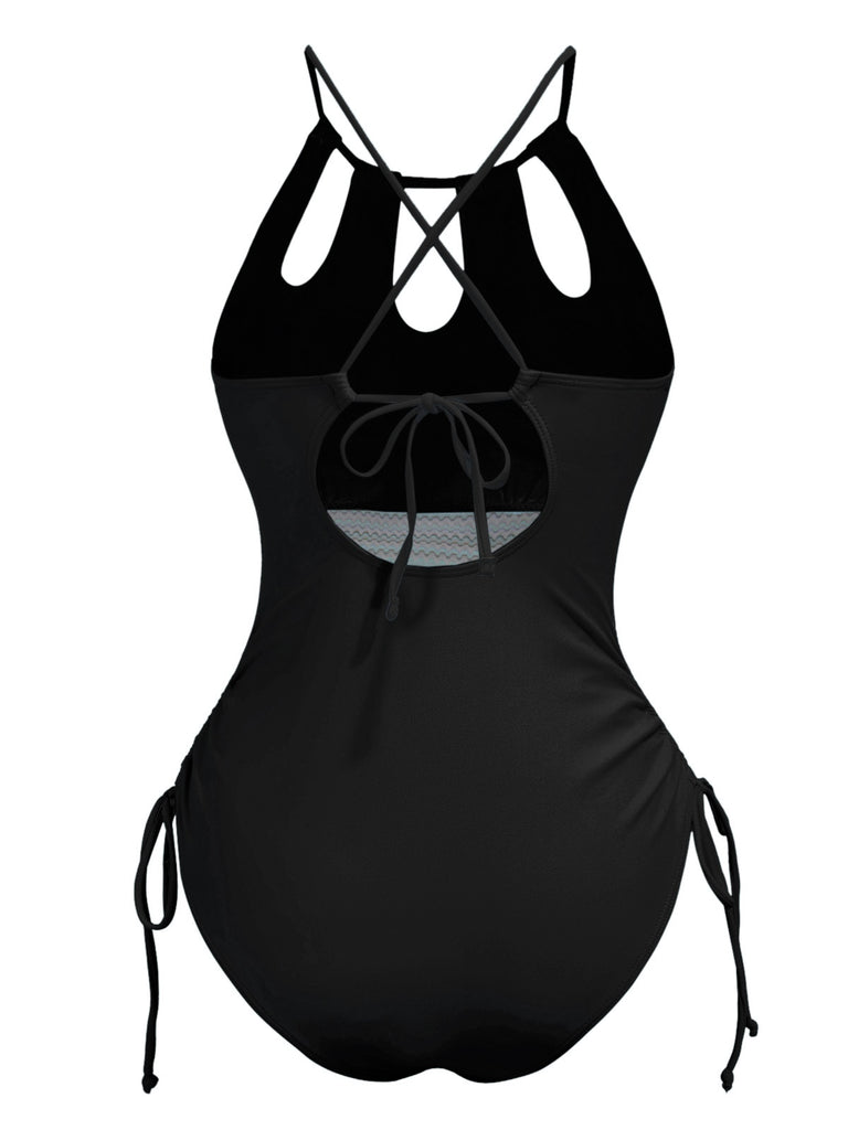 1950s Solid Keyhole Collar Cross-Bind Swimsuit: 1950s Riviera elegance, reimagined for her