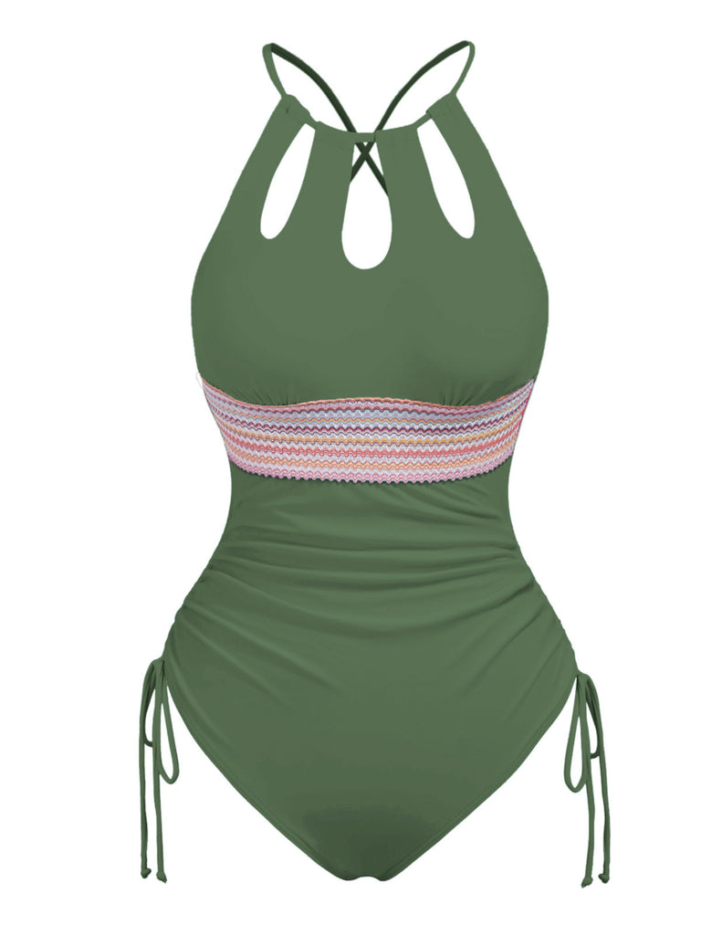 This 1950s Solid Keyhole Collar Cross-Bind Swimsuit carries 1950s vacation dreams in every stitch