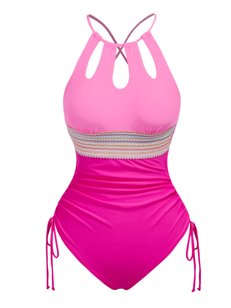 1950s Solid Keyhole Collar Cross-Bind Swimsuit — 1950s poolside glamour meets sun-drenched confidence