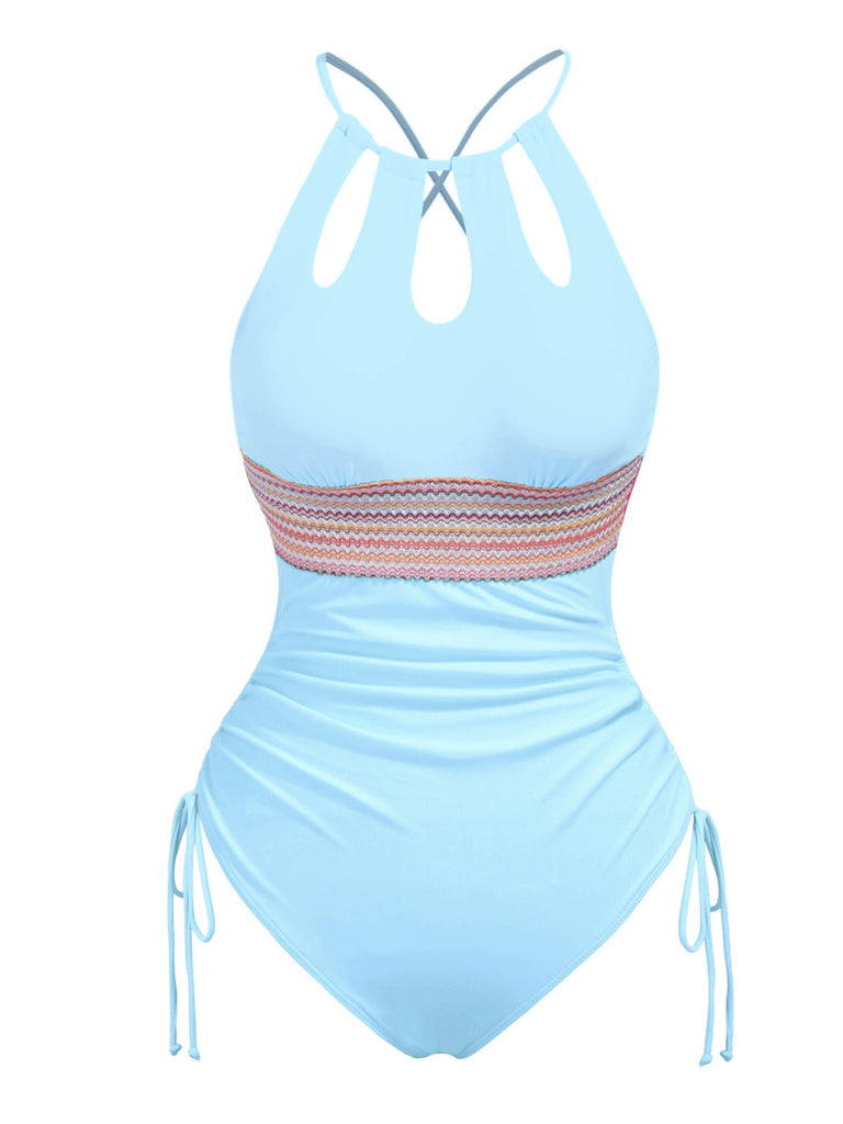 This 1950s Solid Keyhole Collar Cross-Bind Swimsuit carries 1950s vacation dreams in every stitch