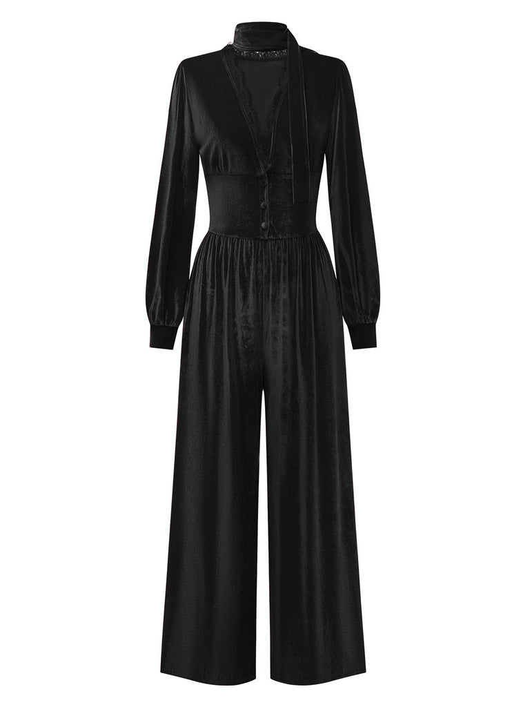 1950s Solid Keyhole High Neck Velvet Jumpsuit - vintage jumpsuit, retro fashion