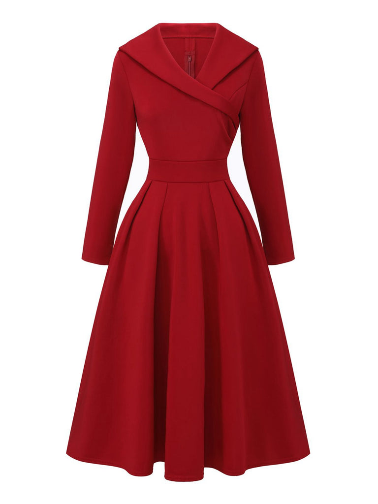 1950s Solid Lapel High Waist Swing Dress - vintage dress, retro fashion, rockabilly