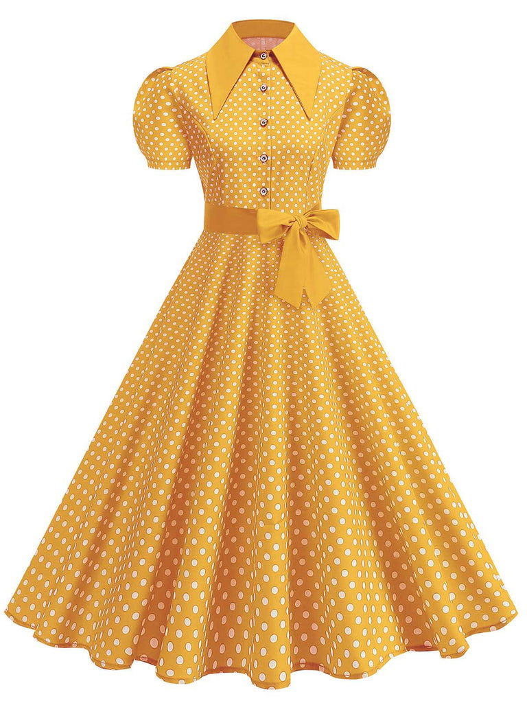 1950s Solid Polka Dot Shirt Collar Belted Swing Dress - vintage dress, retro fashion, elegant style for vintage lovers