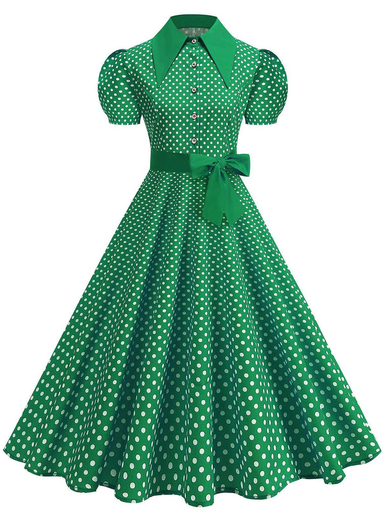 1950s Solid Polka Dot Shirt Collar Belted Swing Dress - vintage dress, retro fashion, elegant style for vintage lovers
