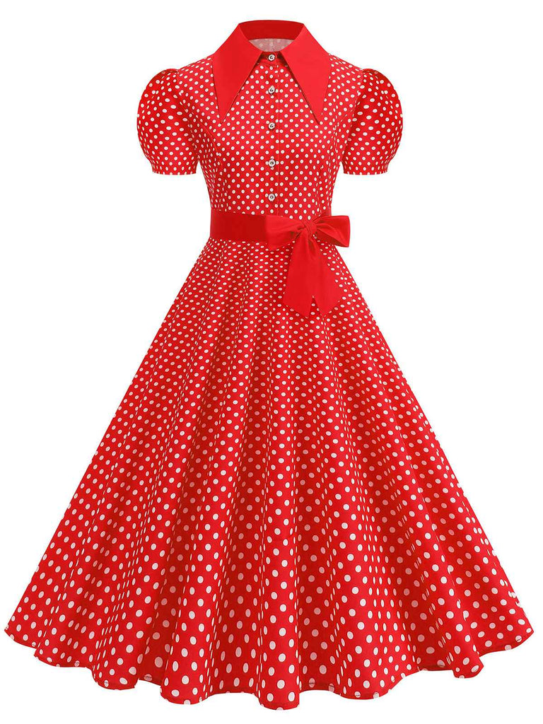 1950s Solid Polka Dot Shirt Collar Belted Swing Dress - vintage dress, retro fashion, elegant style for vintage lovers