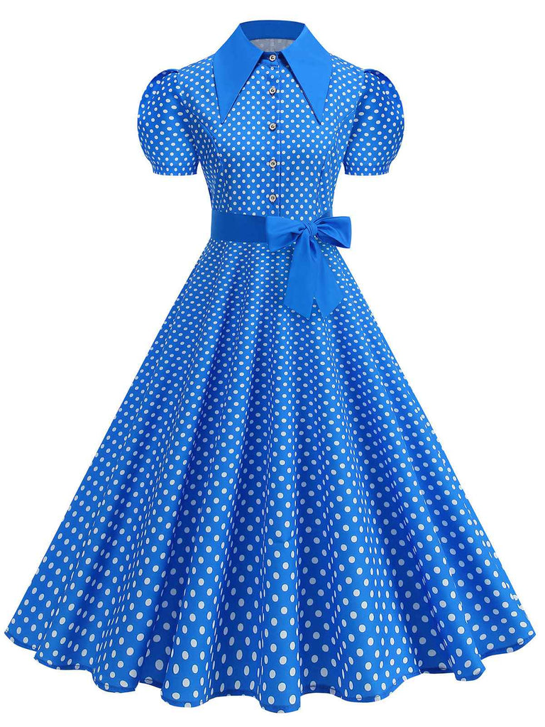 1950s Solid Polka Dot Shirt Collar Belted Swing Dress - vintage dress, retro fashion, elegant style for vintage lovers