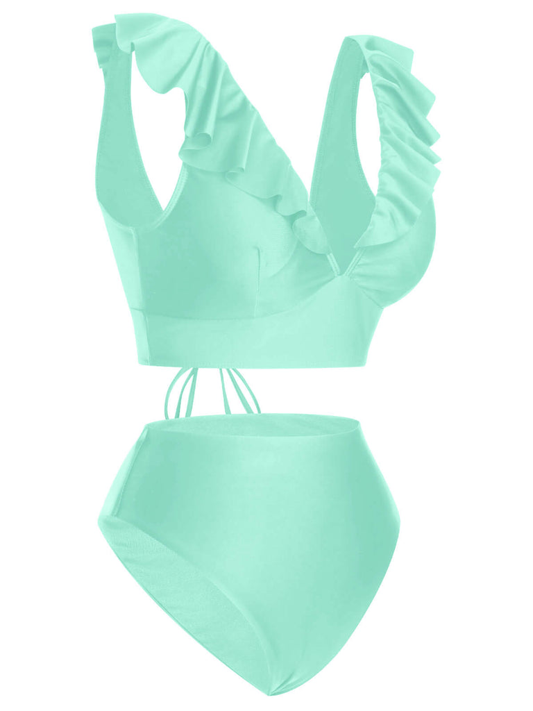 1950s Solid Ruffle Lace-Up V-Neck Swimsuit, vintage swimsuit, pin-up swimwear - perfect for women who love vintage and retro fashion