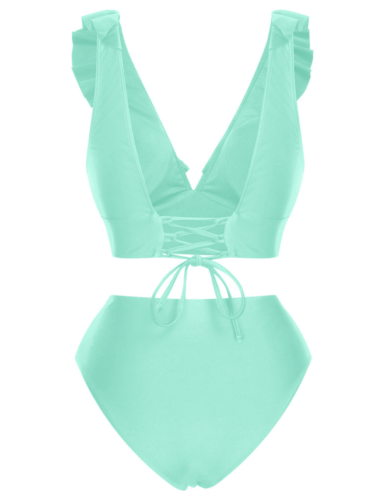 1950s Solid Ruffle Lace-Up V-Neck Swimsuit, vintage swimsuit, pin-up swimwear - perfect for women who love vintage and retro fashion
