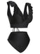 1950s Solid Ruffle Lace-Up V-Neck Swimsuit, vintage swimsuit, pin-up swimwear - perfect for women who love vintage and retro fashion
