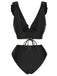 1950s Solid Ruffle Lace-Up V-Neck Swimsuit, vintage swimsuit, pin-up swimwear - perfect for women who love vintage and retro fashion