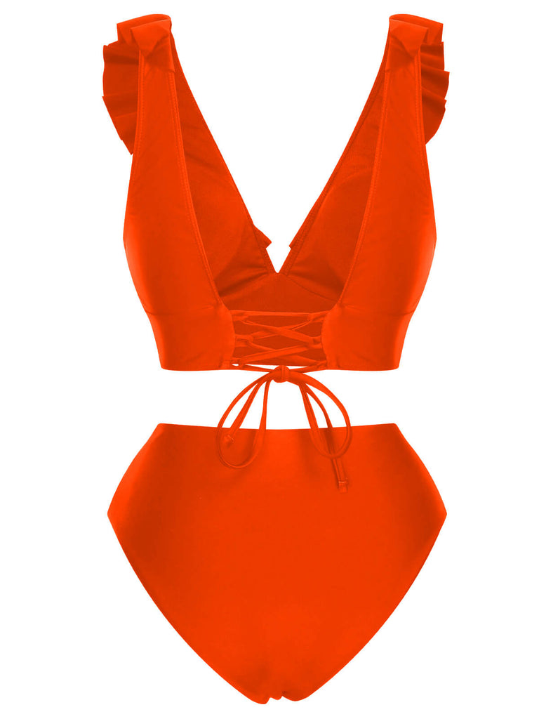 1950s Solid Ruffle Lace-Up V-Neck Swimsuit, vintage swimsuit, pin-up swimwear, retro beach style, women, elegant