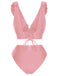 1950s Solid Ruffle Lace-Up V-Neck Swimsuit, vintage swimsuit, pin-up swimwear - perfect for women who love vintage and retro fashion