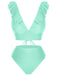 1950s Solid Ruffle Lace-Up V-Neck Swimsuit, vintage swimsuit, pin-up swimwear - perfect for women who love vintage and retro fashion