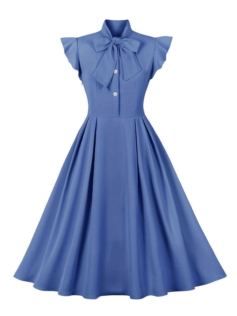 1950s Solid Ruffle Sleeve Bow Neck Dress: timeless style reimagined