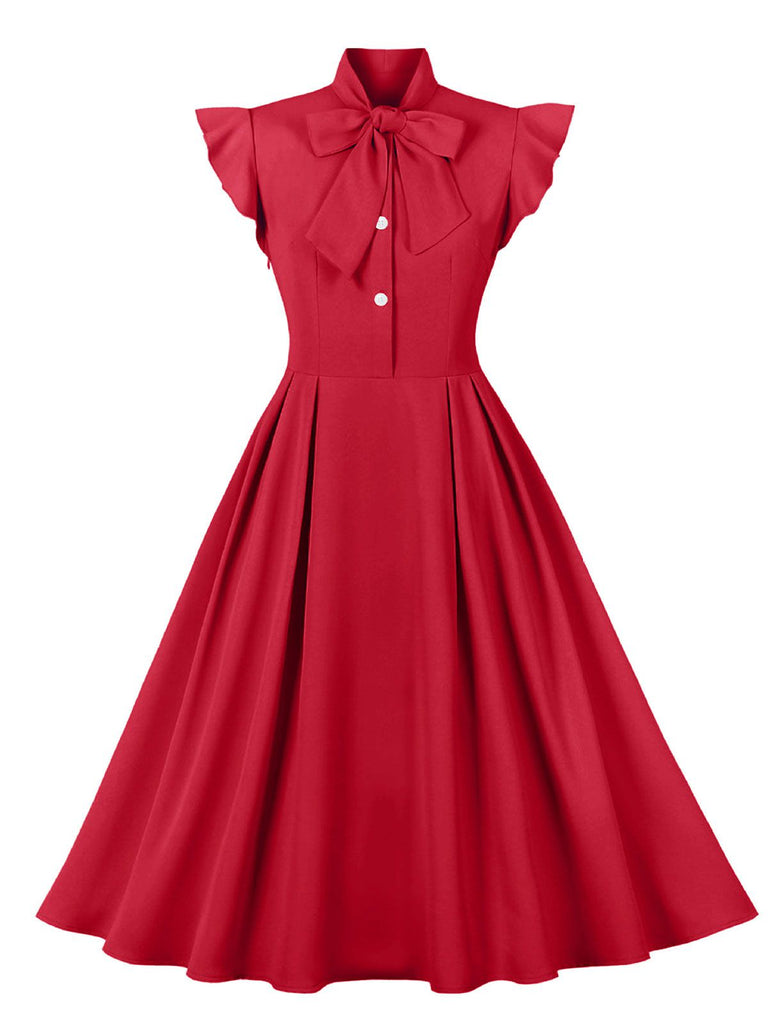 1950s Solid Ruffle Sleeve Bow Neck Dress: timeless style reimagined