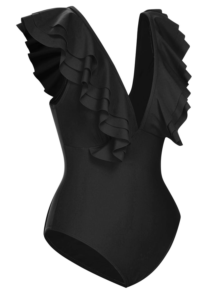 1950s Solid Ruffle V-Neck One-Piece Swimsuit, vintage swimsuit, pin-up swimwear - perfect for women who love vintage and retro fashion