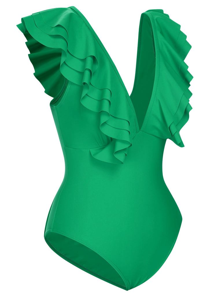 1950s Solid Ruffle V-Neck One-Piece Swimsuit, vintage swimsuit, pin-up swimwear - perfect for women who love vintage and retro fashion