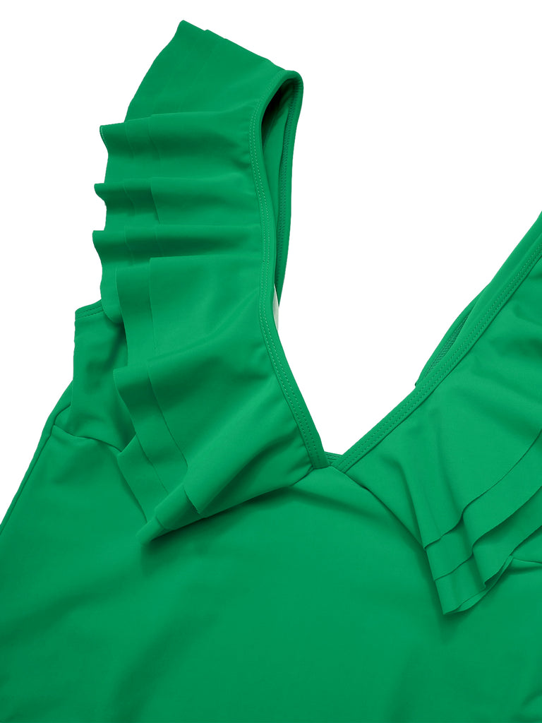 1950s Solid Ruffle V-Neck One-Piece Swimsuit, vintage swimsuit, pin-up swimwear - perfect for women who love vintage and retro fashion