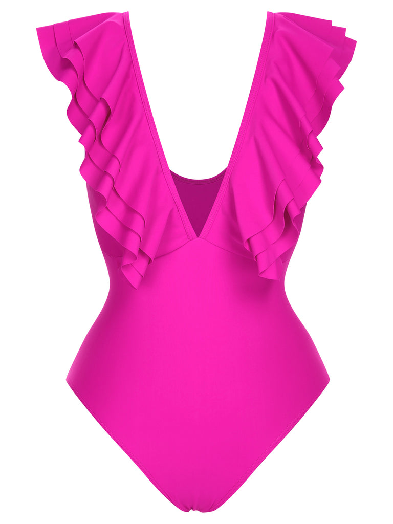 1950s Solid Ruffle V-Neck One-Piece Swimsuit, vintage swimsuit, pin-up swimwear - perfect for women who love vintage and retro fashion