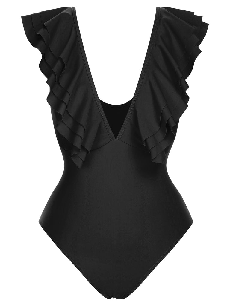 1950s Solid Ruffle V-Neck One-Piece Swimsuit, vintage swimsuit, pin-up swimwear - perfect for women who love vintage and retro fashion