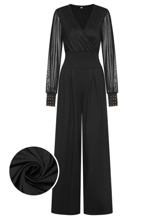 1950s Solid Sheer Sleeves V-Neck Jumpsuit, vintage romper, retro jumpsuit - perfect for women who love vintage and retro fashion