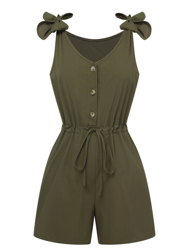She finds her 1950s story in this 1950s Solid Shoulder Tie Sleeveless Romper