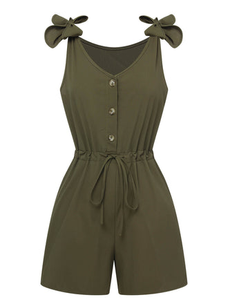 She finds her 1950s story in this 1950s Solid Shoulder Tie Sleeveless Romper