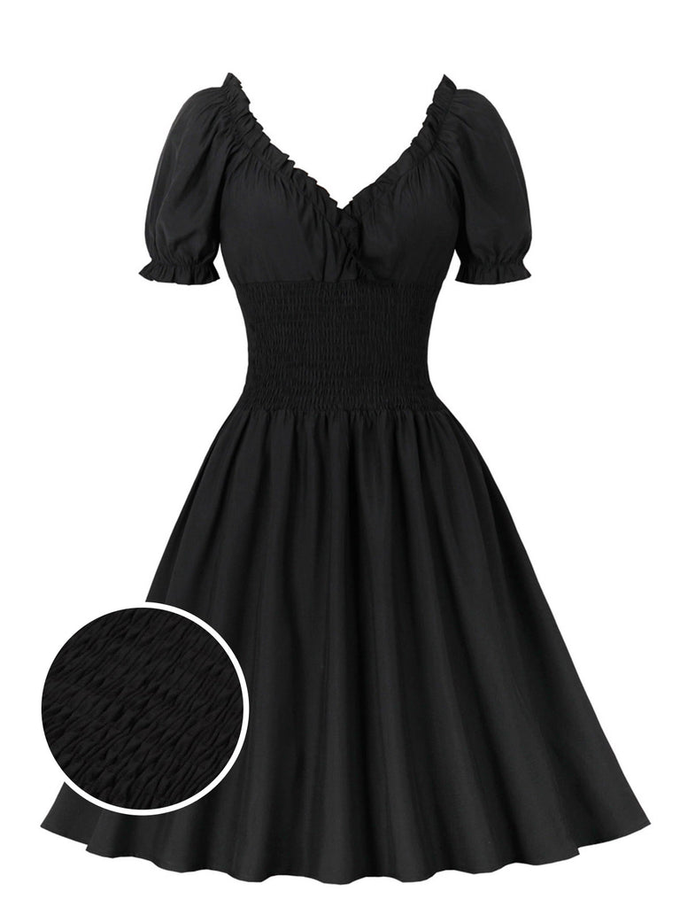 1950s Solid Smocked Waist Off-Shoulder Dress — vintage elegance for the modern woman