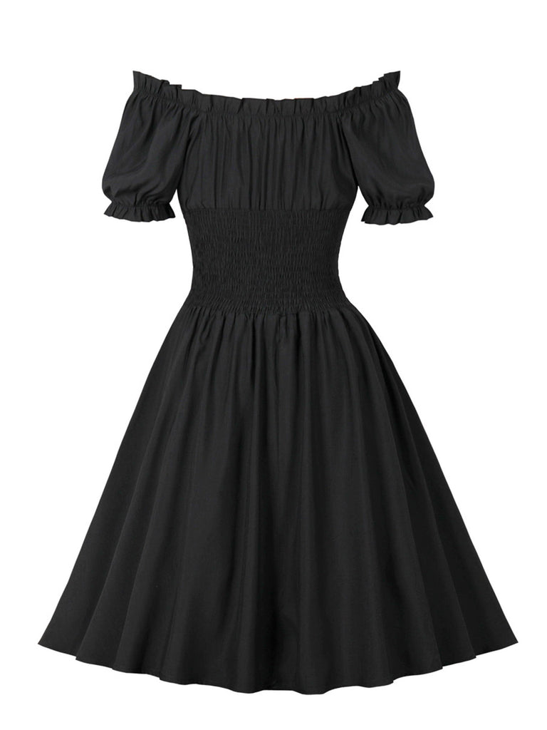 1950s Solid Smocked Waist Off-Shoulder Dress — vintage elegance for the modern woman