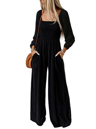 1950s Solid Square Neck Smocked Long Jumpsuit - vintage jumpsuit, retro fashion
