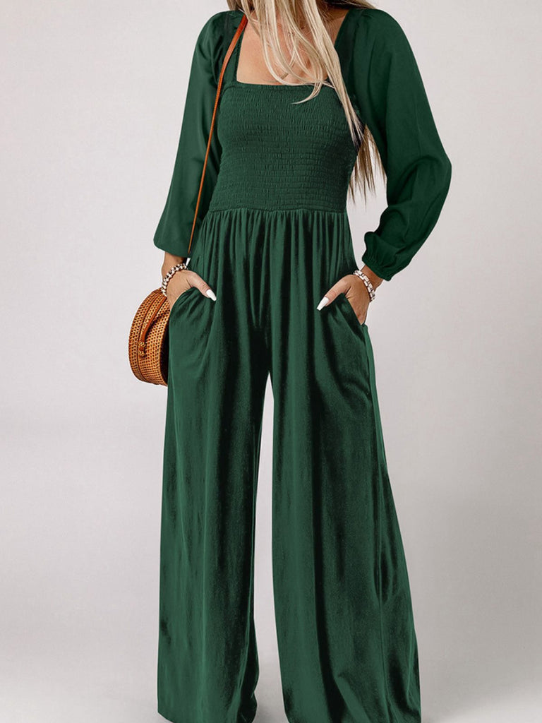 1950s Solid Square Neck Smocked Long Jumpsuit - vintage jumpsuit, retro fashion