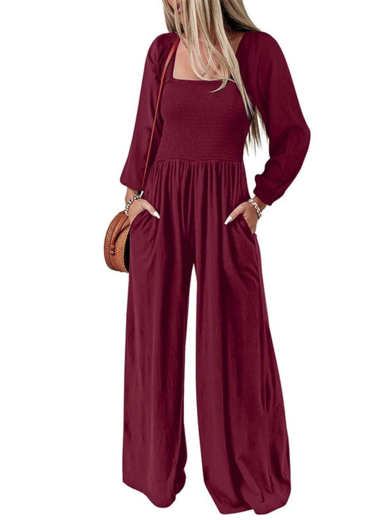 1950s Solid Square Neck Smocked Long Jumpsuit - vintage jumpsuit, retro fashion