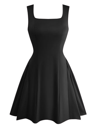 1950s Solid Square Neck Wide Strap Ruched Dress - vintage dress, retro fashion, rockabilly