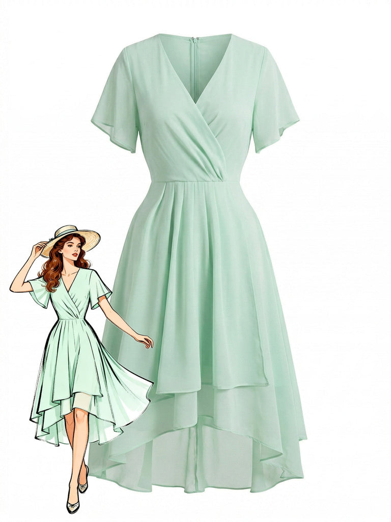 1950s-Solid-V-Neck-Ruffle-Sleeve-Chiffon-Asymmetrical-Dress, vintage, retro, dress