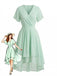 1950s-Solid-V-Neck-Ruffle-Sleeve-Chiffon-Asymmetrical-Dress, vintage, retro, dress
