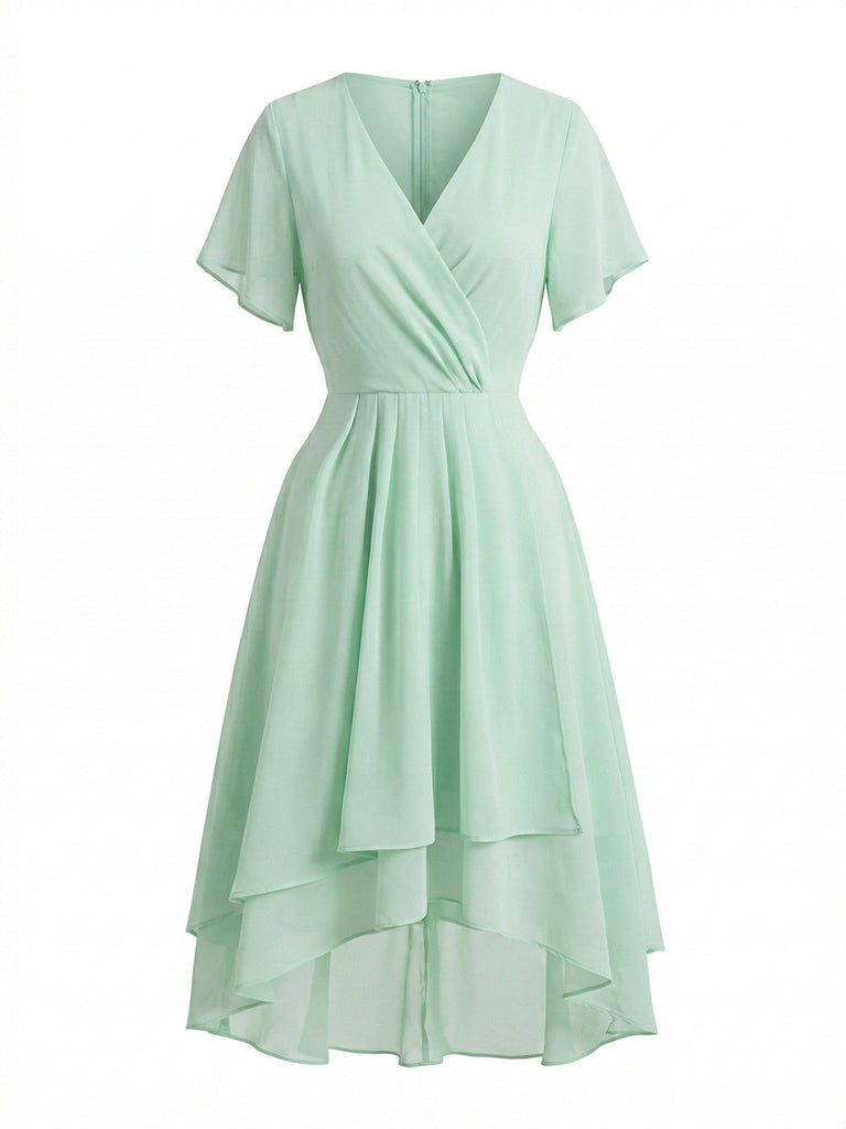 1950s-Solid-V-Neck-Ruffle-Sleeve-Chiffon-Asymmetrical-Dress, vintage, retro, dress