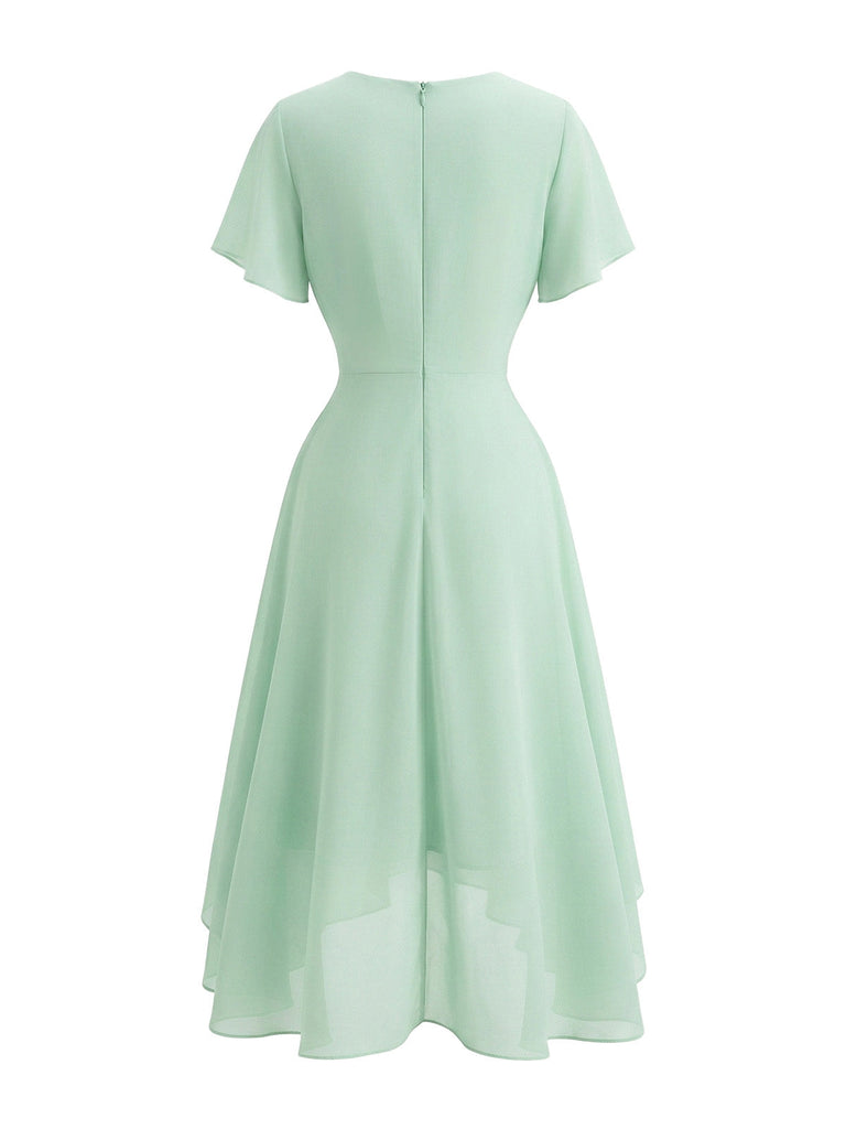 1950s-Solid-V-Neck-Ruffle-Sleeve-Chiffon-Asymmetrical-Dress, vintage, retro, dress