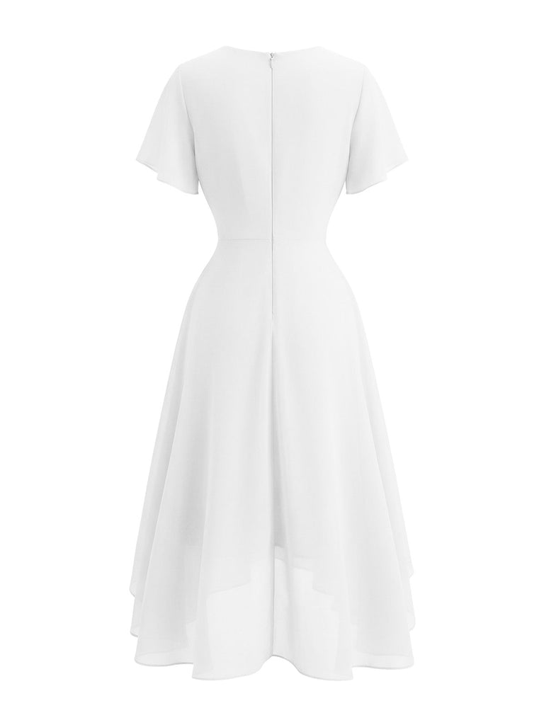 1950s-Solid-V-Neck-Ruffle-Sleeve-Chiffon-Asymmetrical-Dress, vintage, retro, dress
