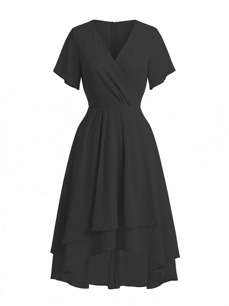 1950s-Solid-V-Neck-Ruffle-Sleeve-Chiffon-Asymmetrical-Dress, vintage, retro, dress